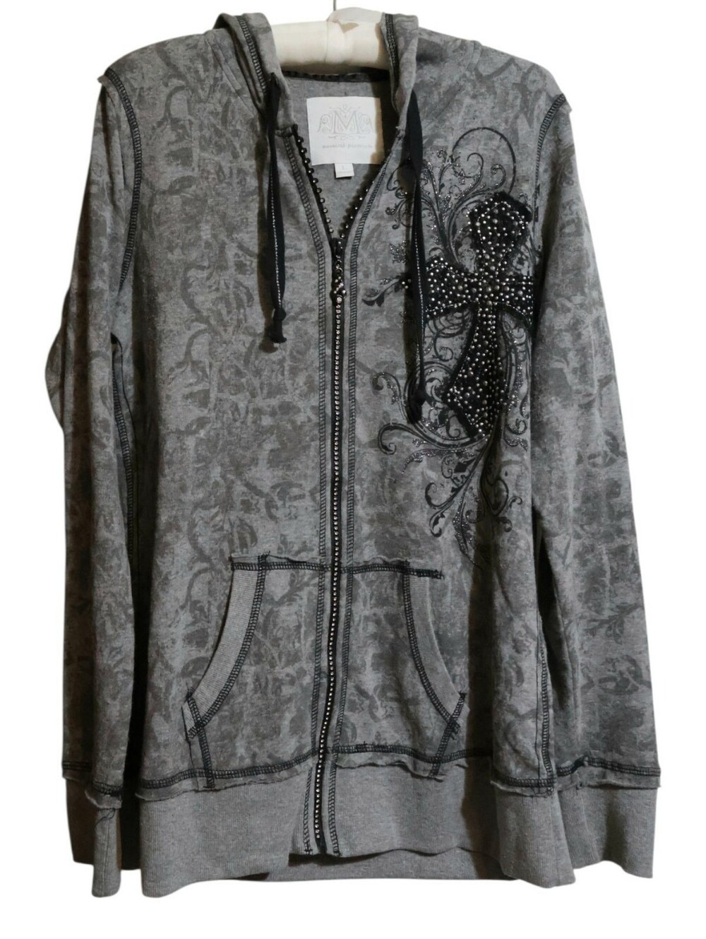 Maurices Rhinestone Gothic Cross Zip Up Hoodie Gray Grunge Mall Goth Large